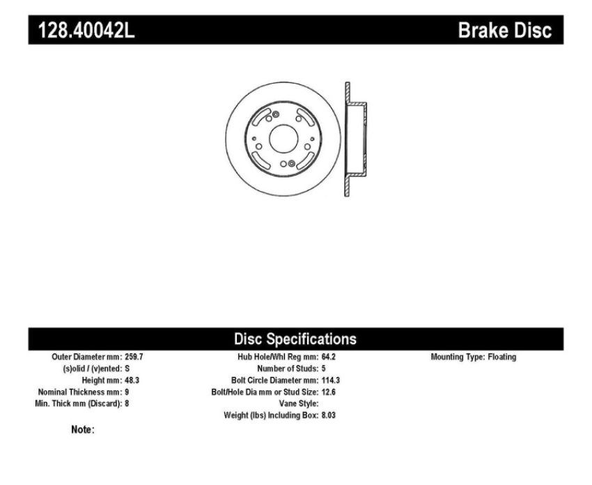 Stoptech 128.40042L 97-01 Integra Type R/02-06 RSX/RSX Type S / 98-02 Honda Accord Drilled Left Rear Rotor