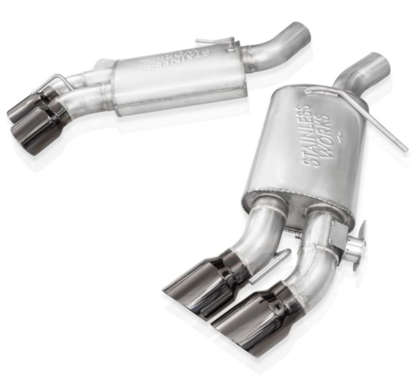 Stainless Works CA16RVMKPLBC 16-21 Camaro SS 3in Legend SW Connect Axle Back w/Valve - 4in Quad Black Tips