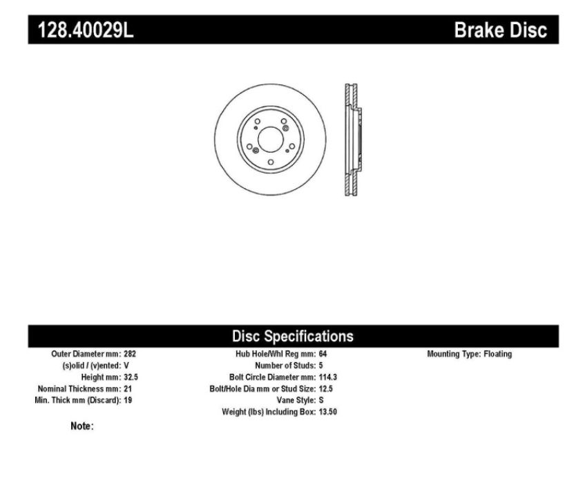 Stoptech 128.40029L Drilled Sport Brake Rotor
