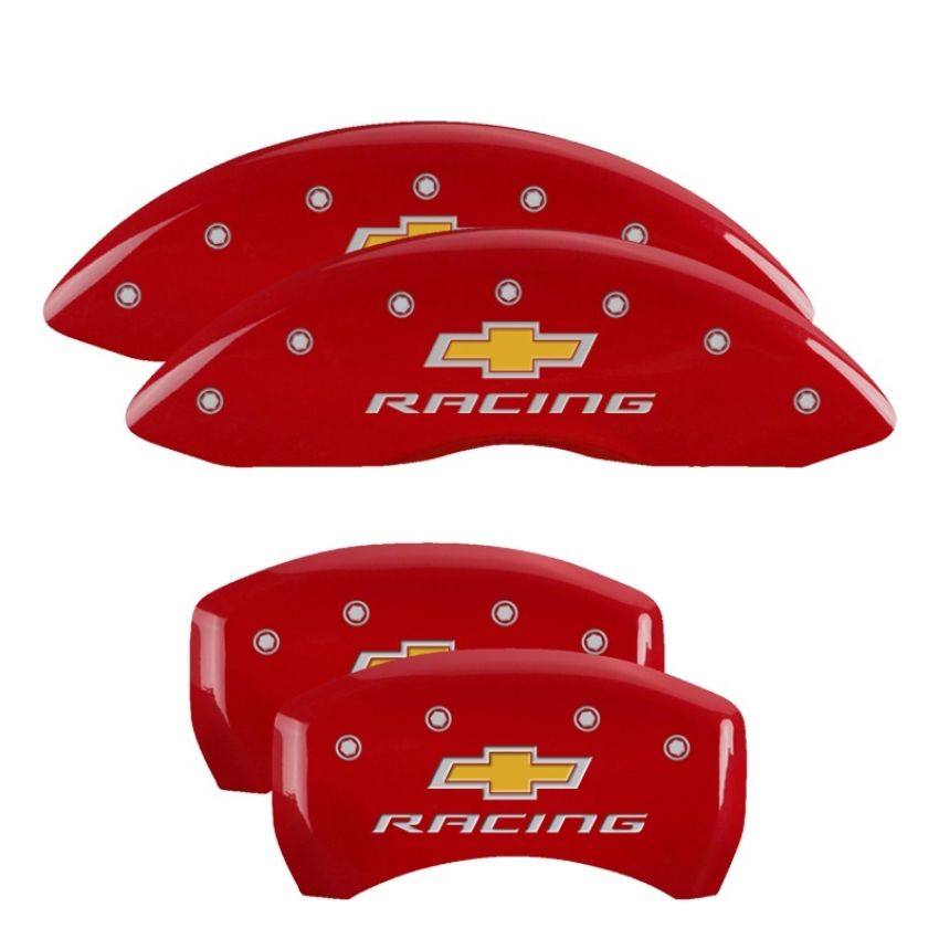 MGP 14231SBRCRD 4 Caliper Covers Engraved Front & Rear Chevy racing Red finish silver ch