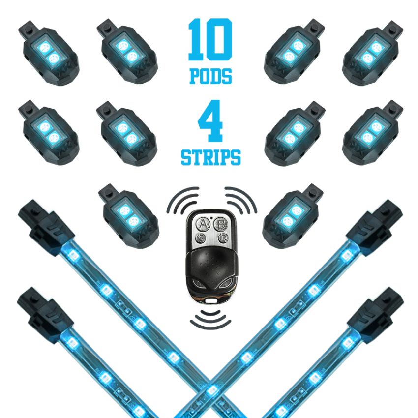 XKGLOW XK034002-AB XK Glow Strips Single Color  LED Accent Light Motorcycle Kit Light Blue - 10xPod + 4x8In