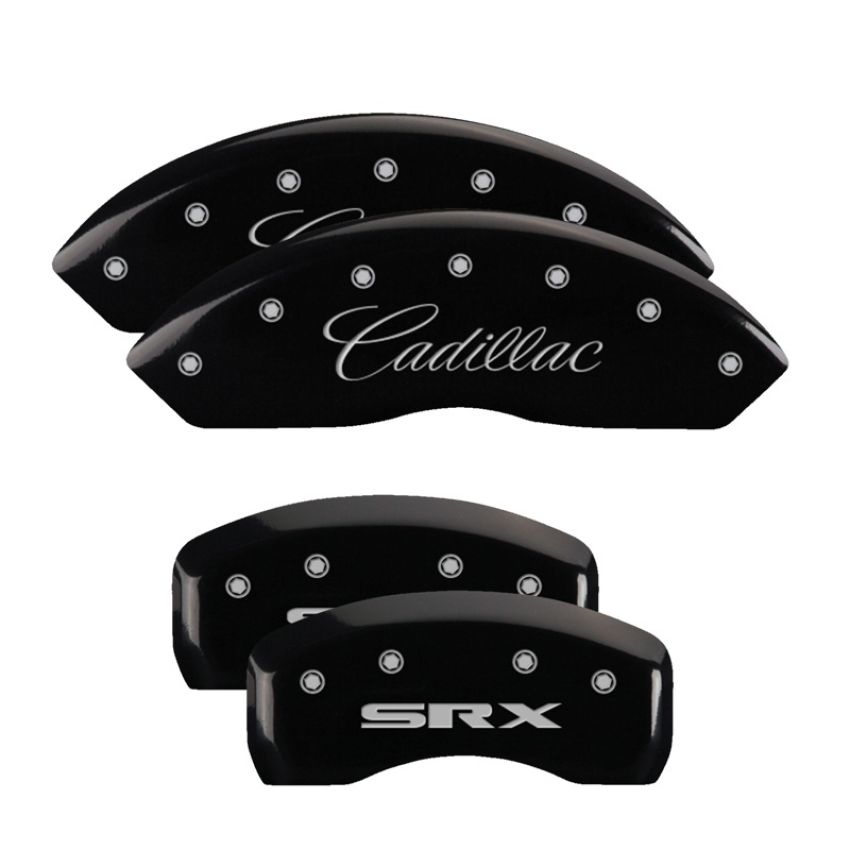 MGP 35002SSRXBK 4 Caliper Covers Engraved Front Cursive/Cadillac Engraved Rear SRX Black finish silver ch