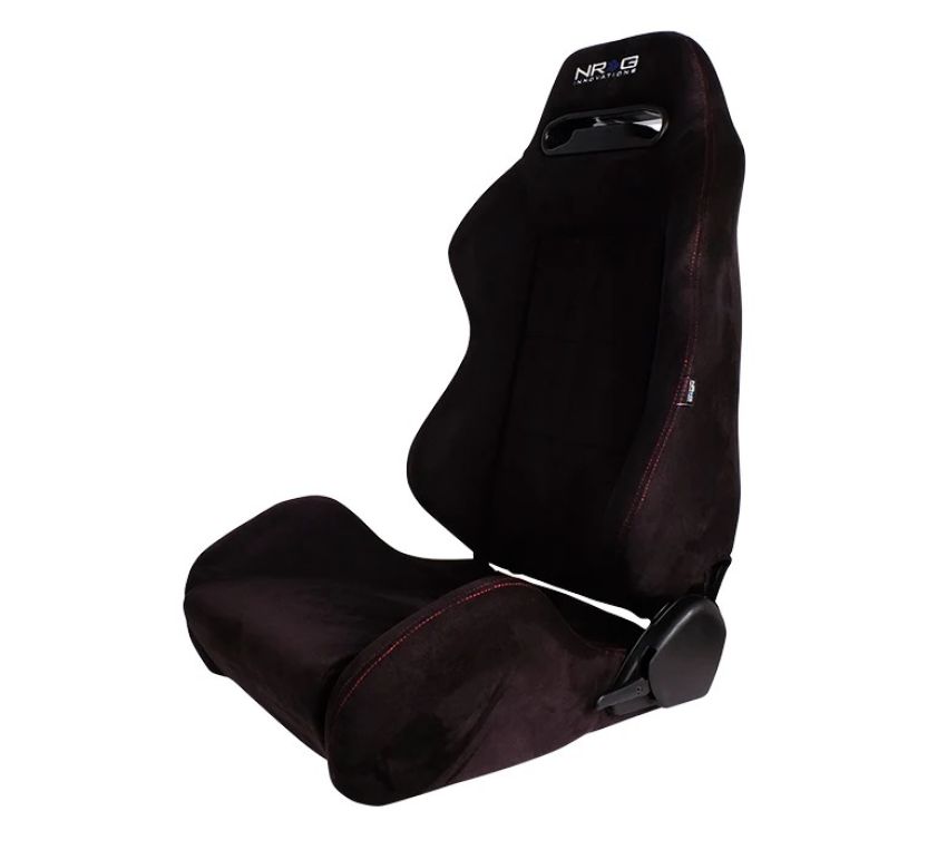 NRG RSC-220L/R Sport Seats (Pair) Type-R Suede w/ Logo - Black w/Red Stitching