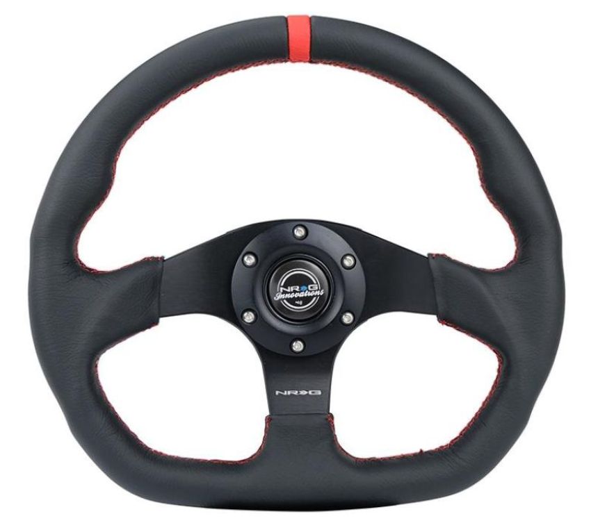 NRG RST-024MB-R-RD Reinforced Steering Wheel (320mm) Sport Leather Flat Bottom w/ Red Center Mark/ Red Stitching