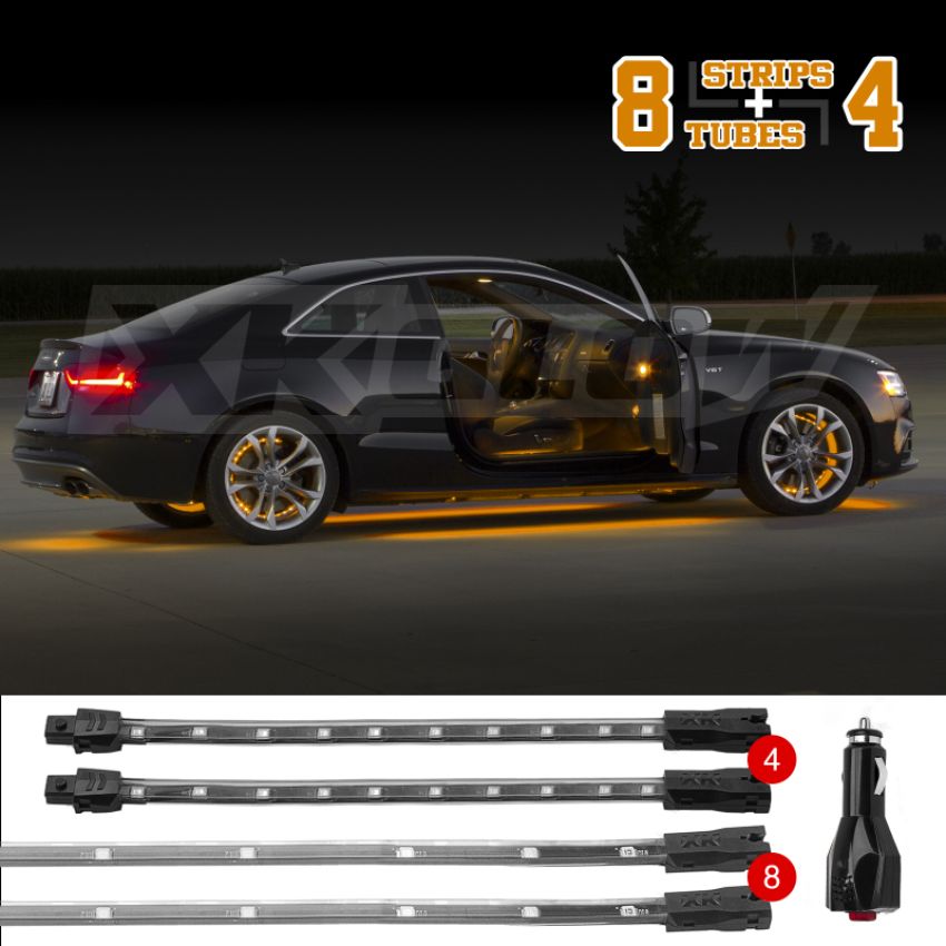 XKGLOW XK041005-A XK Glow Strip Single Color Underglow LED Accent Light Car/Truck Kit Amber - 8x24In Tube + 4x8In