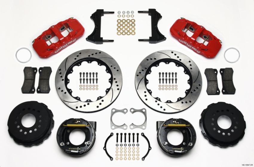 Wilwood 140-10947-DR AERO4 Rear P-Brake Kit 14.00in Drilled Red Big Ford Old Style 2.36in Offset
