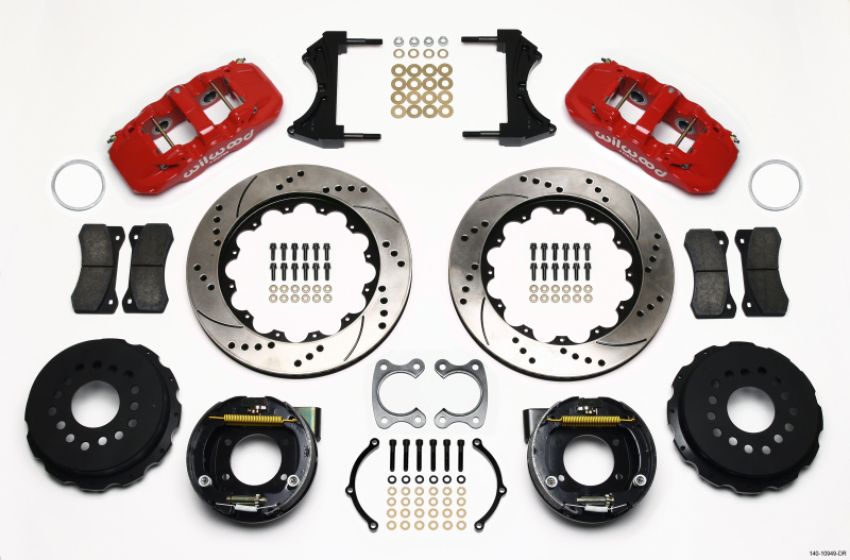 Wilwood 140-10949-DR AERO4 Rear P-Brake Kit 14.00in Drilled Red Small Ford 2.50in Offset