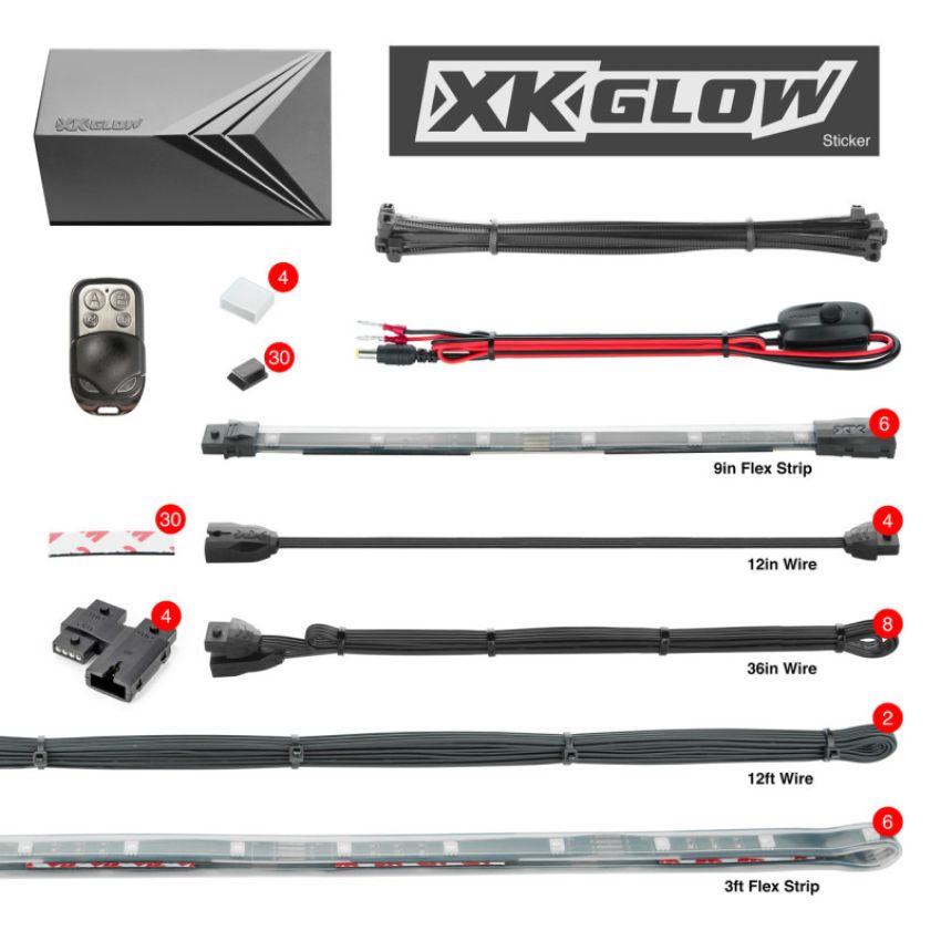 XKGLOW XK074012 XK Glow Flex Strips 2 Million Color  LED Accent Light Marine/Boat Kit 6x36In Strips + 6x 10In