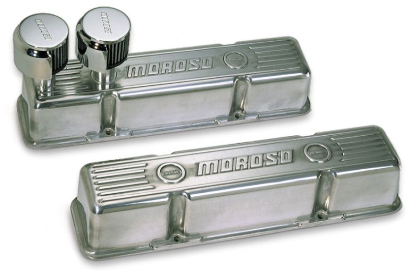Moroso 68365 Chevrolet Small Block Valve Cover - 1 Cover w/2 Breathers at Front - Polished Aluminum - Pair