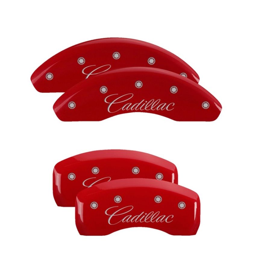 MGP 35023SCADRD 4 Caliper Covers Engraved Front & Rear Cursive/Cadillac Red finish silver ch