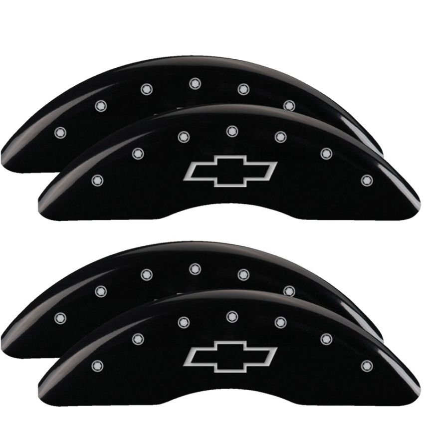 MGP 14173SBOWBK 4 Caliper Covers Engraved Front & Rear Bowtie Black finish silver ch