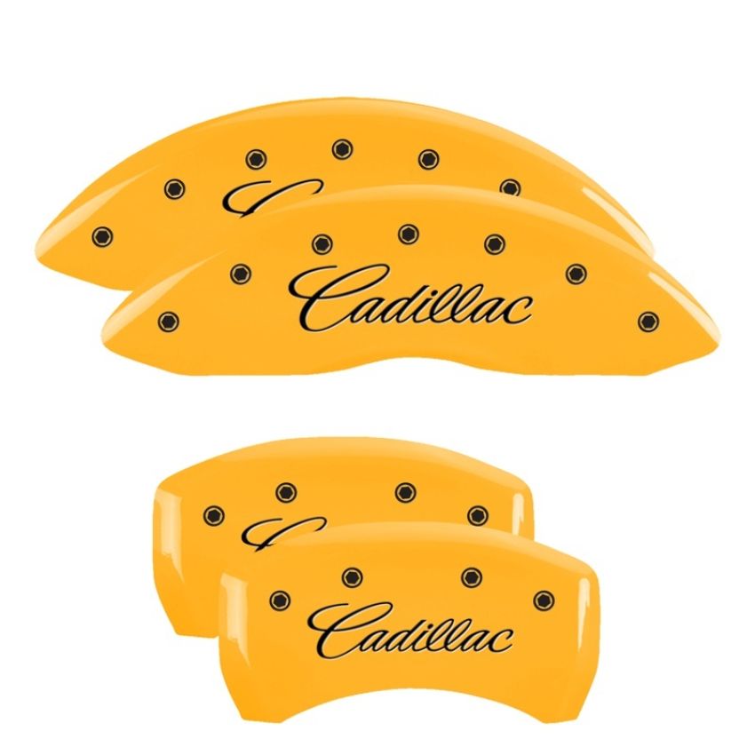 MGP 35020SCADYL 4 Caliper Covers Engraved Front & Rear Cursive/Cadillac Yellow finish black ch