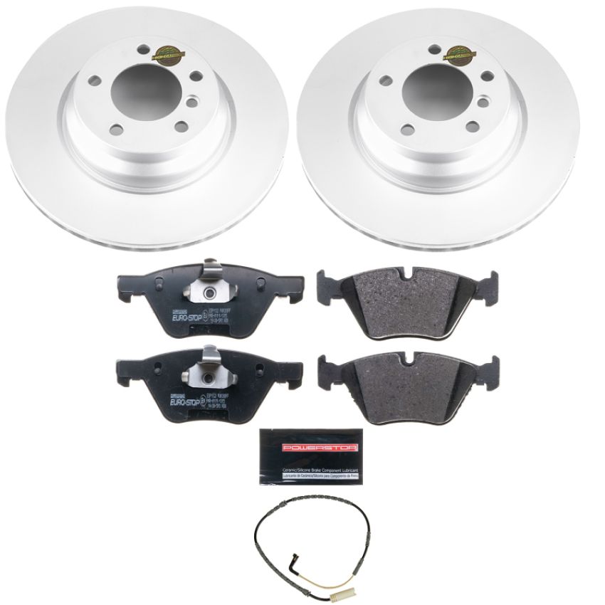 PowerStop ESK5767 Genuine Geomet Coated Rotors, ECE-R90 Brake Pads + Hardware Kit