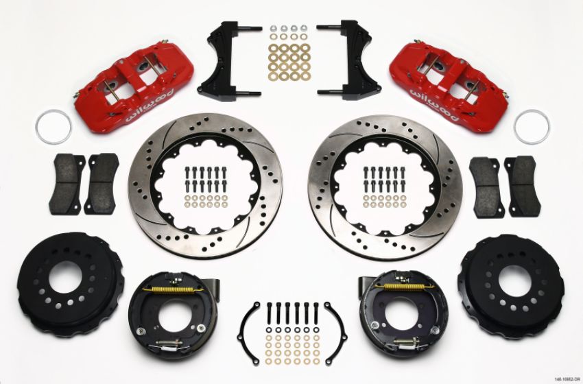 Wilwood 140-10952-DR AERO4 Rear P-Brake Kit 14.00in Drill Red Ford 8.8 w/2.5in Offset-5 Lug