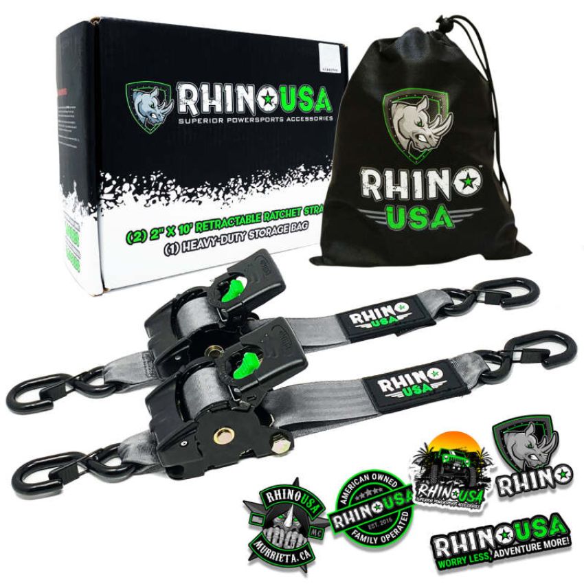 Rhino USA TD-RSRE2X10-GRY Retractable Ratchet Straps (2Pk 2Inx10Ft) Gray