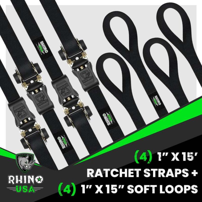 Rhino USA GMG-R1-4PACK Medium Duty Ratchet Strap Tie-Down 4-Pack (Black)