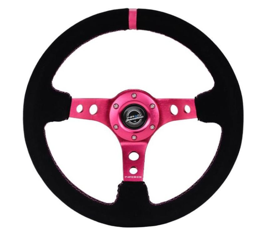 NRG RST-006S-FH Reinforced Steering Wheel (350mm/ 3in. Deep) Black Suede/ Fushia Center Mark/ Fushia Stitching