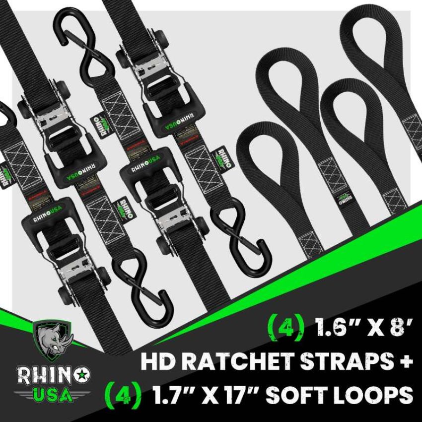 Rhino USA HD-RATCHETKIT-4PK Heavy Duty Ratchet Tie-Down 4-Pack (Black) 1.6In X 8Ft