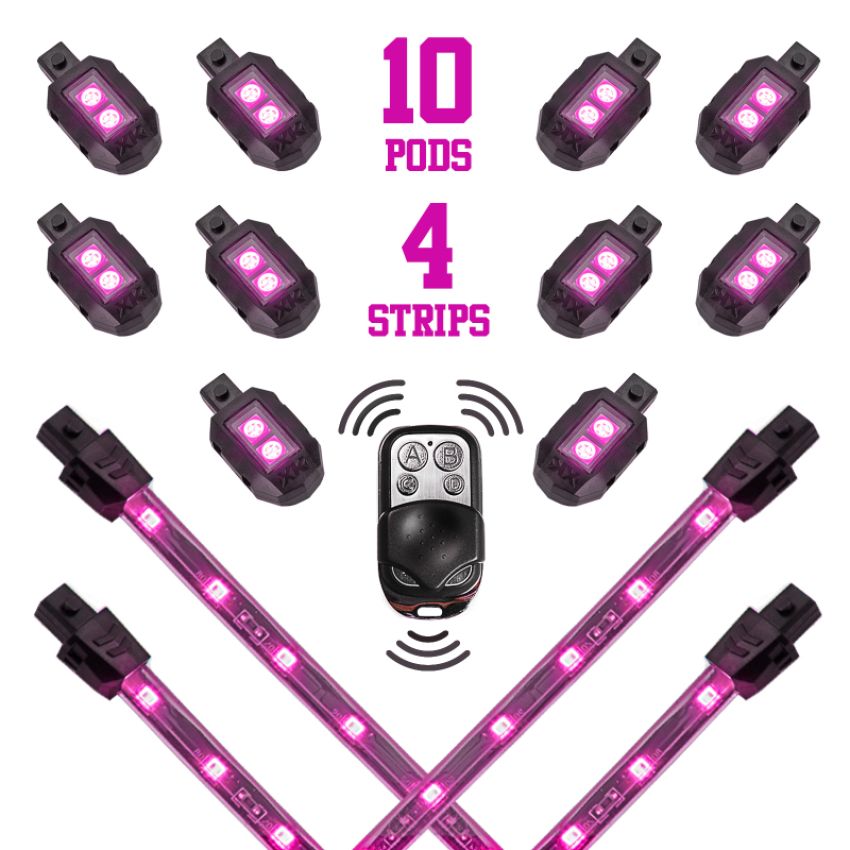 XKGLOW XK034002-P XK Glow Strips Single Color  LED Accent Light Motorcycle Kit Pink - 10xPod + 4x8In