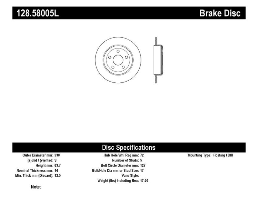 Stoptech 128.58005L Drilled Sport Brake Rotor 11-17 Jeep Grand Cherokee (Excludes SRT8)