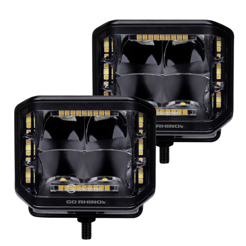 Go Rhino 750700322SCS Xplor Blackout Combo Series Cube Sideline LED Spot Lights w/ Amber 4x3 - Blk (Pair)