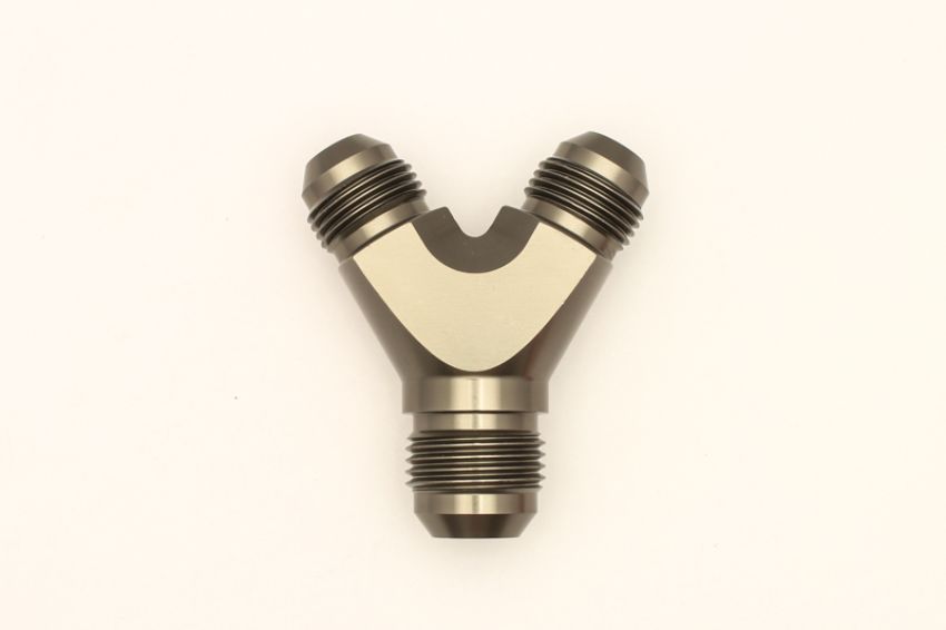 DeatschWerks 8AN Male Flare + 8AN Male Flare to 10AN Male Flare Y Block Fitting