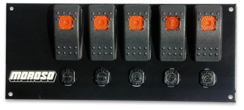 Moroso 74181 Rocker Switch Panel - Flat Surface Mount - LED - 3-3/8in x 8in - Five On/Off Switches