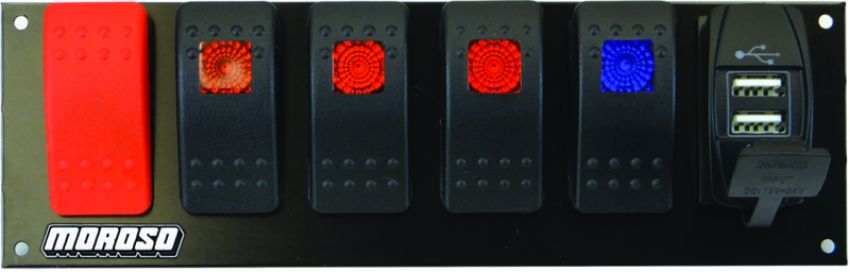 Moroso 74195 Rocker Switch Panel - Flat Surface Mount - LED w/USB - 2.488in x 7.85in -Five On/Off Switches