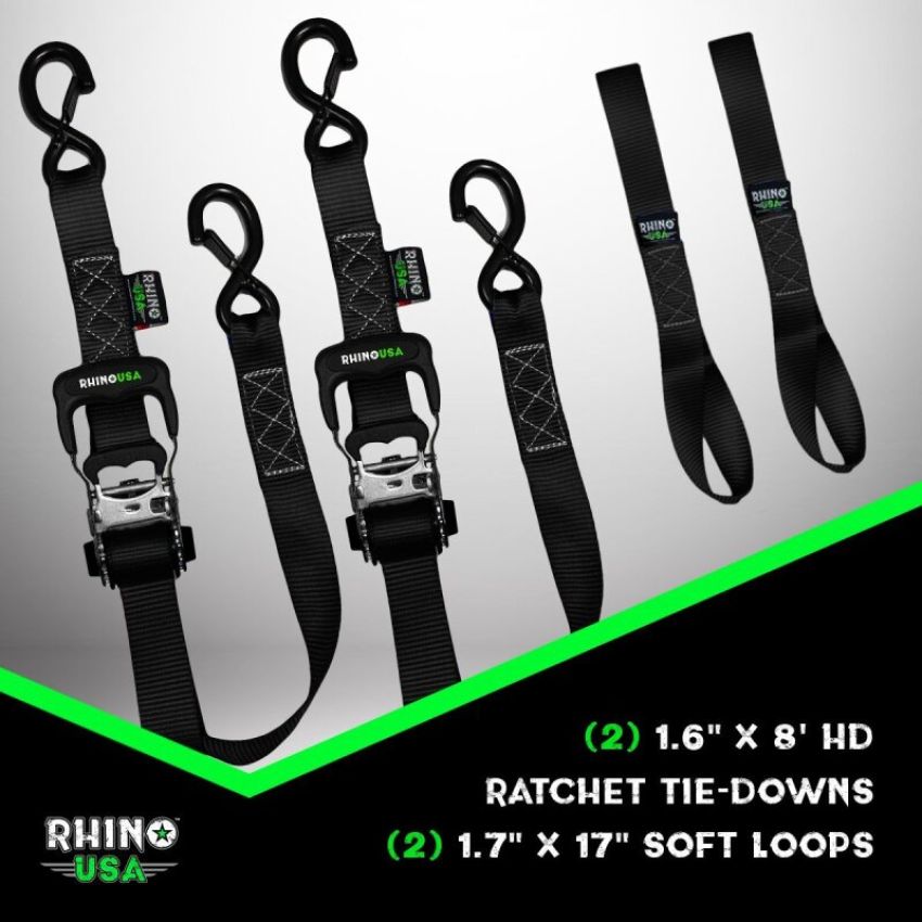 Rhino USA HDKIT-2PK-BLU Heavy Duty Ratchet Tie-Downs 2-Pack (Blue) 1.6In X 8Ft