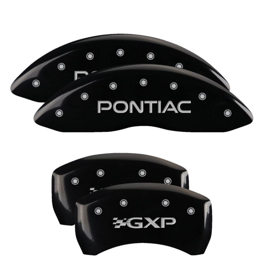MGP 18011SPXPBK 4 Caliper Covers Engraved Front Pontiac Engraved Rear GXP Black finish silver ch
