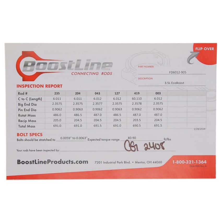 Boostline FD6012905 Connecting Rod Set, Ford Ecoboost 3.5, 125.75 mm Length, ARP2000, Set of 6
