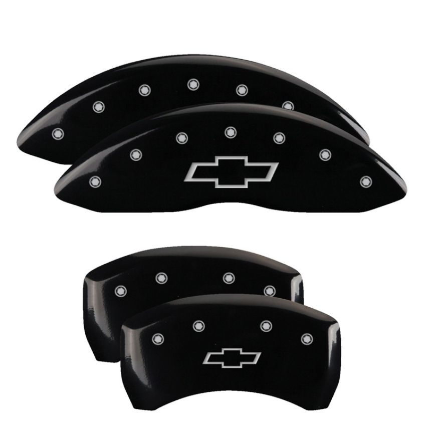 MGP 14231SBOWBK 4 Caliper Covers Engraved Front & Rear Bowtie Black finish silver ch