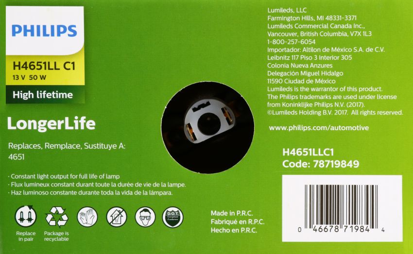 Philips H4651LLC1 Philips LongerLife Sealed Beam H4651LL