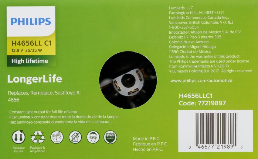Philips H4656LLC1 Philips LongerLife Sealed Beam H4656LL
