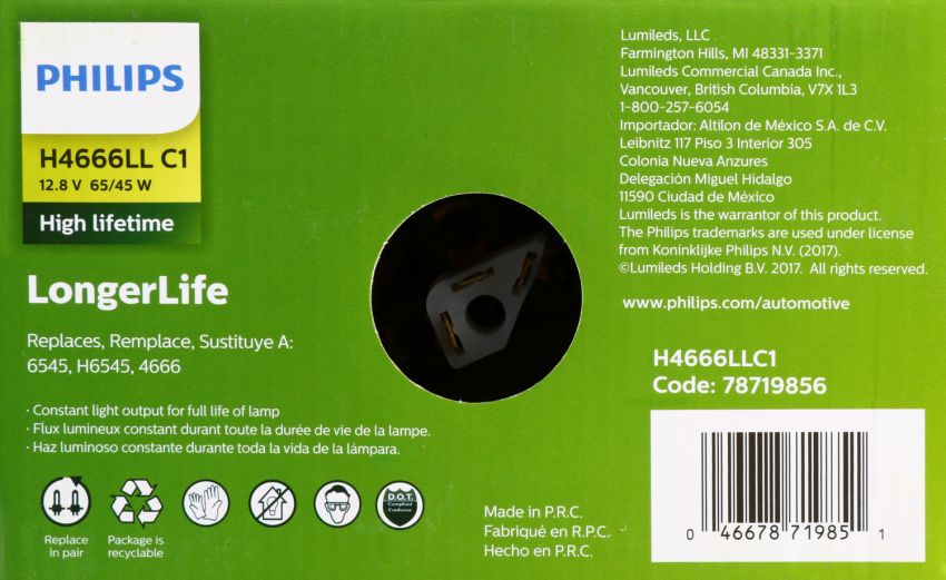 Philips H4666LLC1 Philips LongerLife Sealed Beam H4666LL