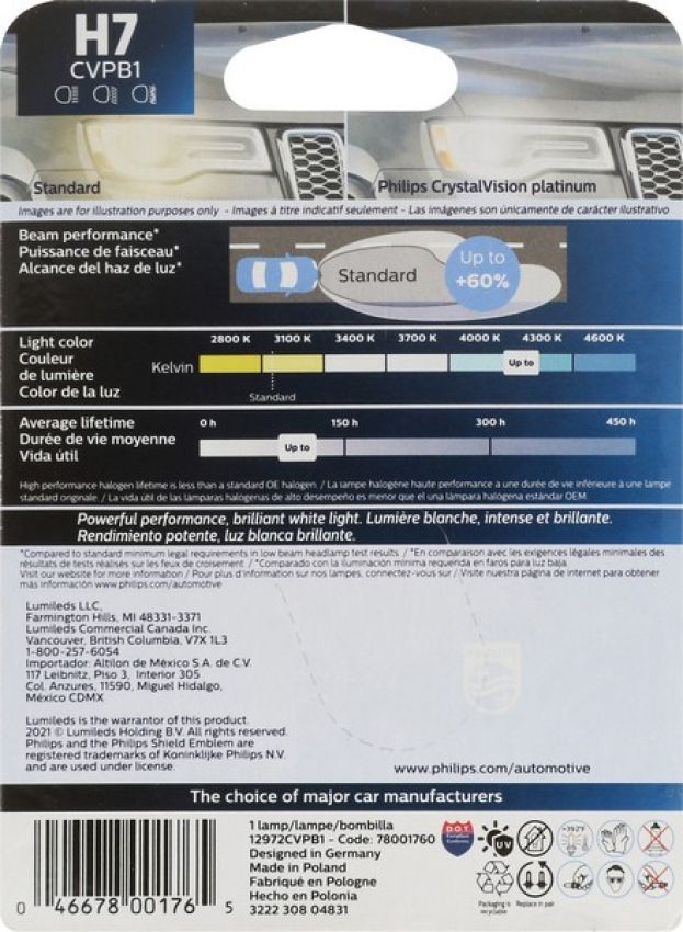 Philips H7CVPB1 Philips CrystalVision platinum Headlight H7