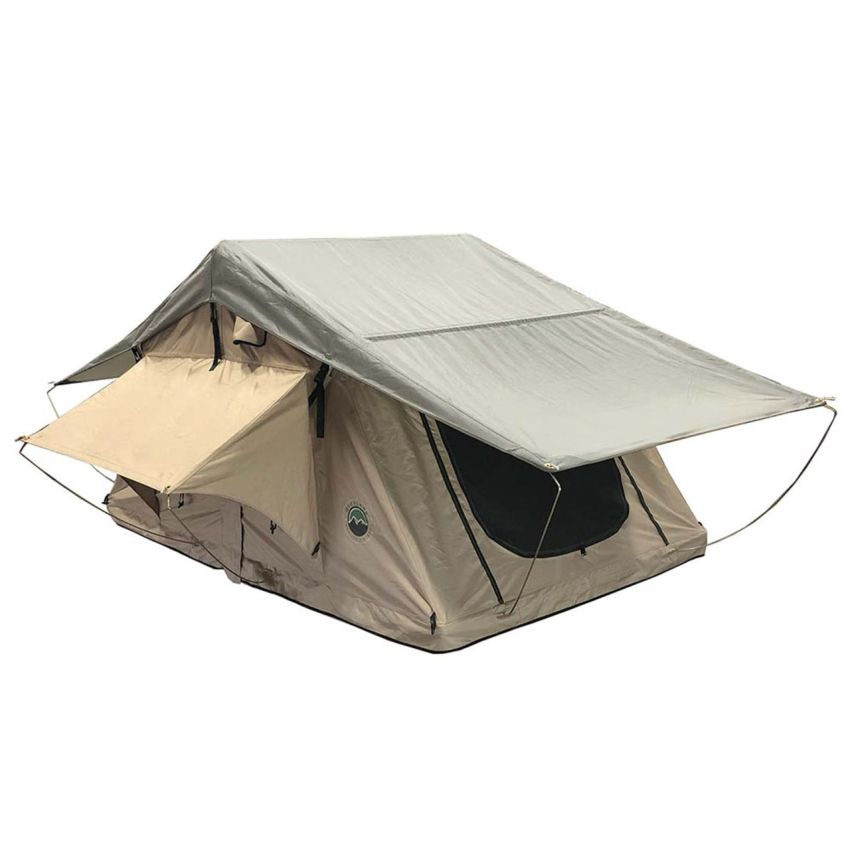 LD TMBK 3 Roof Top Tent With Annex - Tan Base With Green Rain Fly, Black Aluminum Base, Black Ladder Overland Vehicle Systems