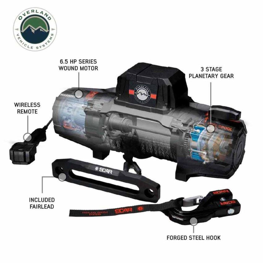 SCAR 10P - 10,000 lb. Winch With Synthetic Rope and Wireless Remote Overland Vehicle Systems