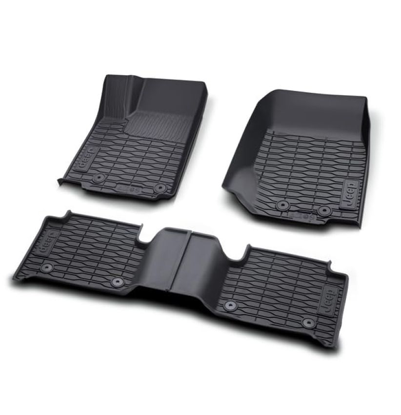 Genuine OEM All-Weather Black Rubber Floor Mat with Jeep Logo for Jeep Grand Cherokee (two-row, WL version), Non-PHEV, Left-Hand Drive 82216590AA