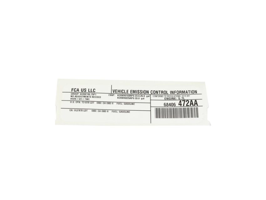 Mopar 68406472AA LABEL, Vehicle Emission Control Information