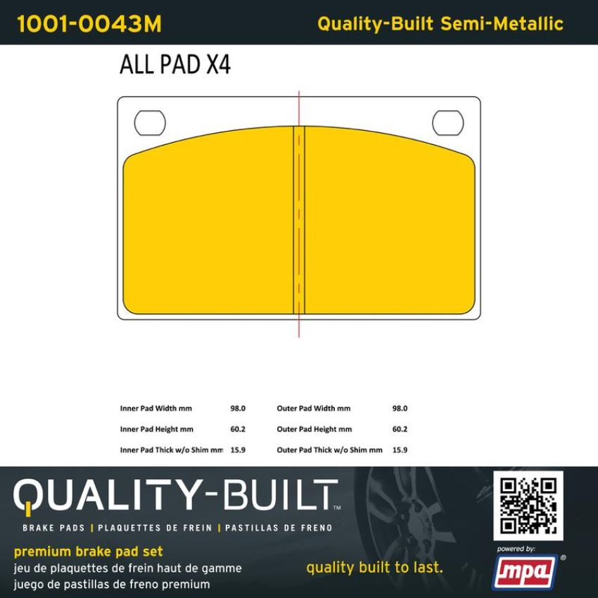 MPA 1001-0043M Quality-Built Premium Semi-Metallic Brake Pads