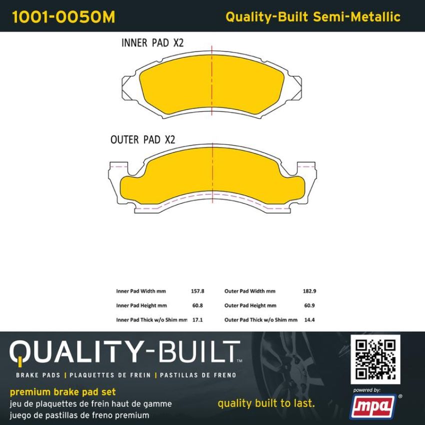 MPA 1001-0050M Quality-Built Premium Semi-Metallic Brake Pads w/ Hardware