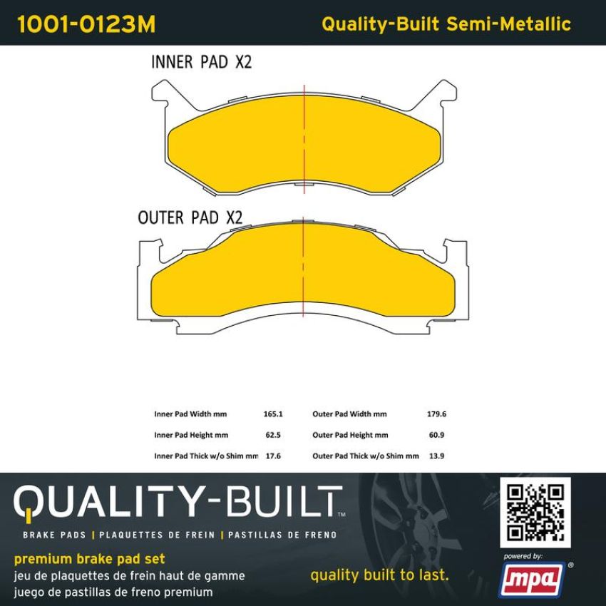 MPA 1001-0123M Quality-Built Premium Semi-Metallic Brake Pads w/ Hardware