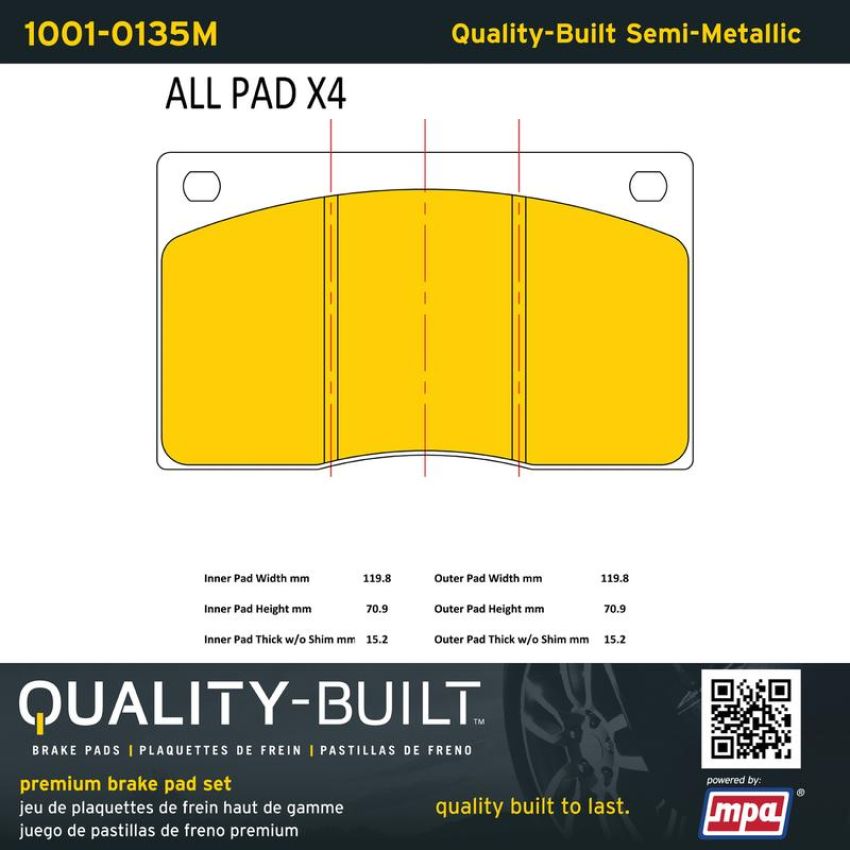 MPA 1001-0135M Quality-Built Premium Semi-Metallic Brake Pads w/ Hardware