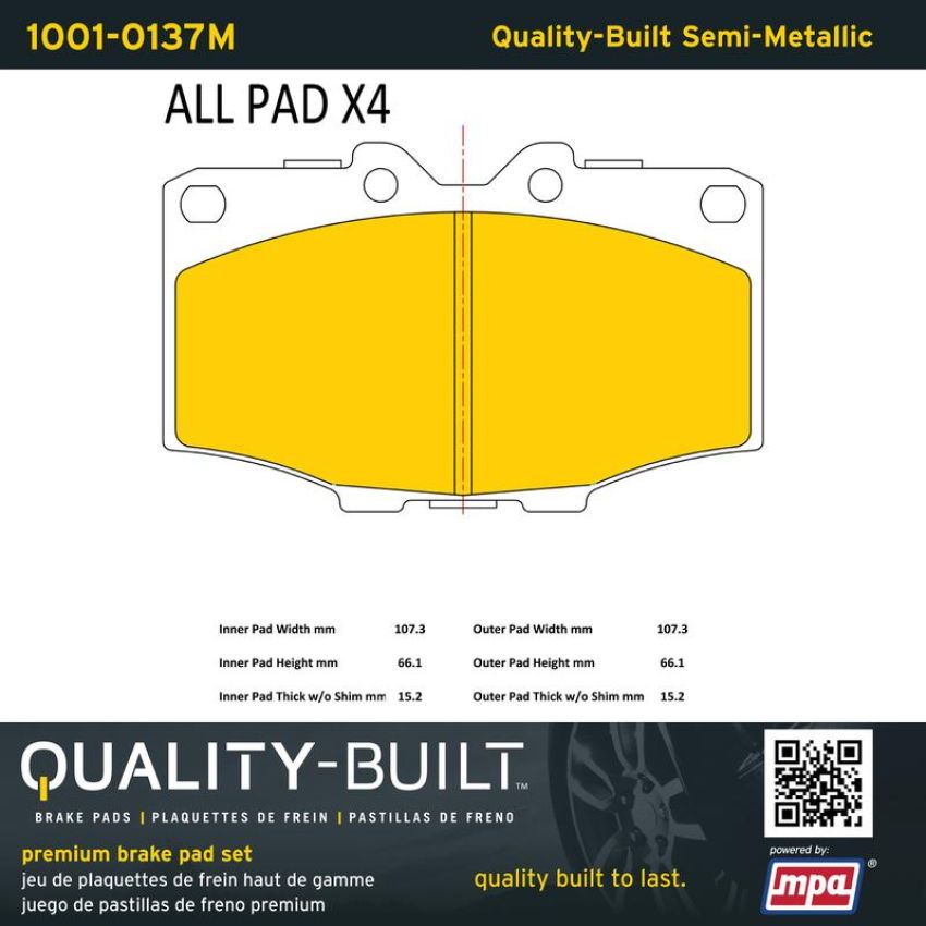 MPA 1001-0137M Quality-Built Premium Semi-Metallic Brake Pads w/ Hardware