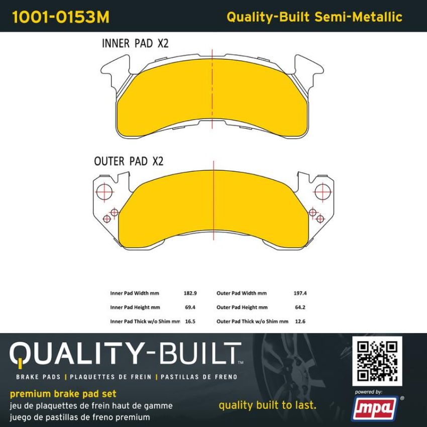 MPA 1001-0153M Quality-Built Premium Semi-Metallic Brake Pads w/ Hardware