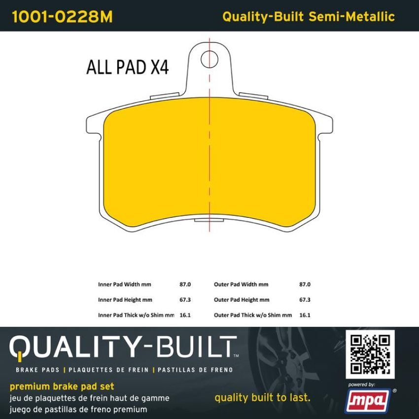 MPA 1001-0228M Quality-Built Premium Semi-Metallic Brake Pads w/ Hardware
