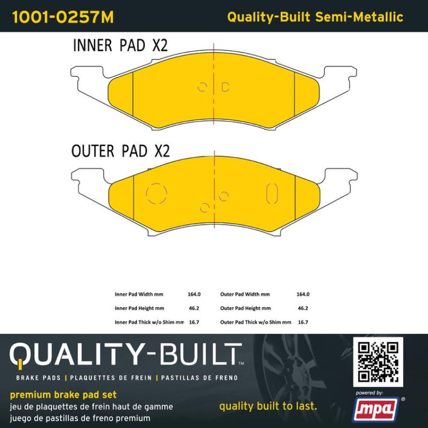 MPA 1001-0257M Quality-Built Premium Semi-Metallic Brake Pads w/ Hardware