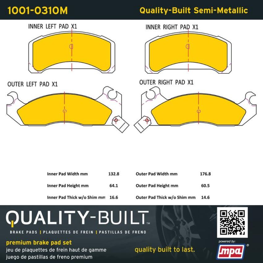 MPA 1001-0310M Quality-Built Premium Semi-Metallic Brake Pads w/ Hardware
