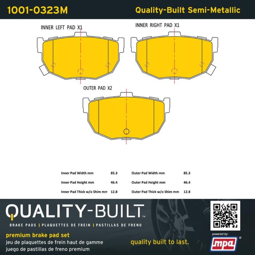 MPA 1001-0323M Quality-Built Premium Semi-Metallic Brake Pads w/ Hardware